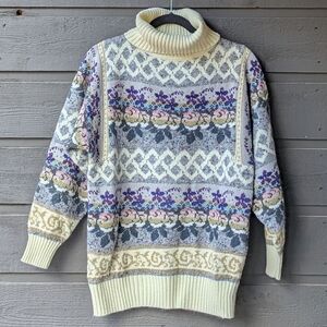 VTG 80s The Import Workshop Floral Turtleneck Sweater Size Small Cream Gray Pink